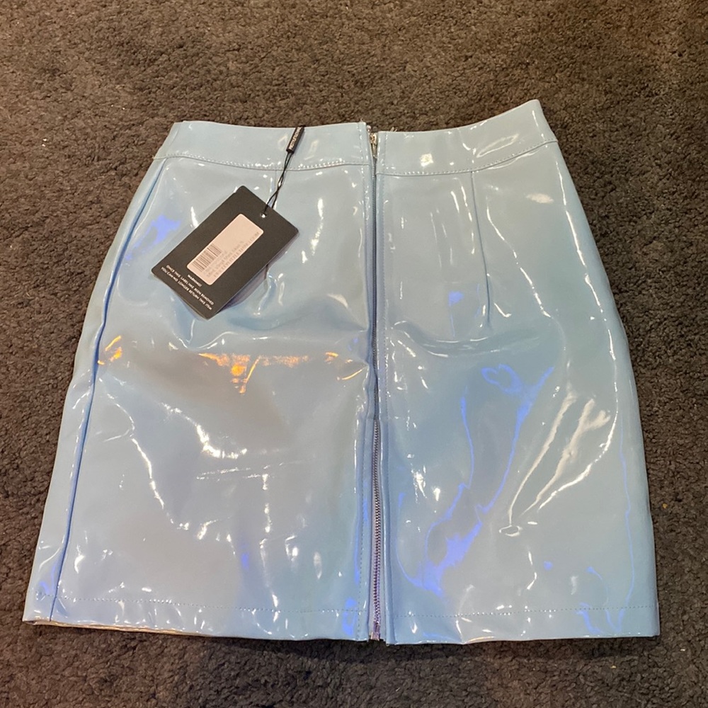 Sky blue latex skirt with silver zipper new with tag never worn